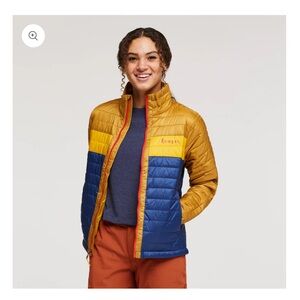 Cotopaxi Women's Colorblock Puffer Jacket - Gold, Blue, Orange